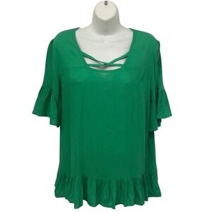Rethm‎ Green Lattice Neck Ruffle Hem Bell Sleeve Tunic Top Women's M